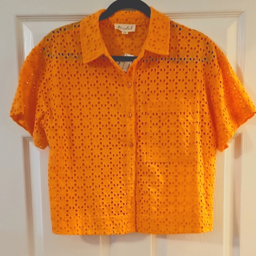 Orange Eyelet Button-Up Shirt